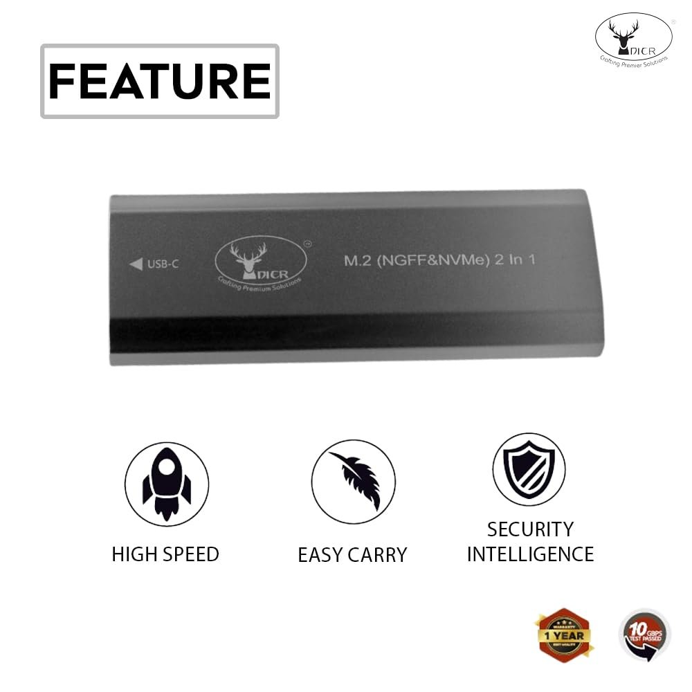 Casing Dier Tokyo 2-in-1 M.2 NVMe & NGFF SSD To USB 3.1 Gen 2 Enclosure | High Speed Type-C 10Gbps Portable Aluminum External SSD Case, Black