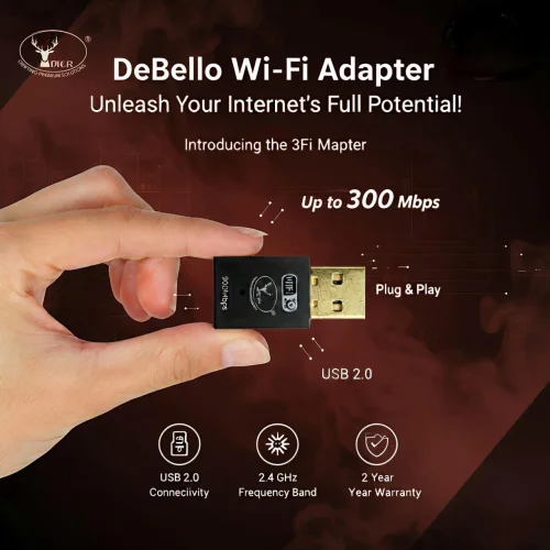 Adapter Dier Debello USB WIFI Adapter | Upto 300 Mbps Speed, 2.4GHz, 300N, Plug & Play, Black