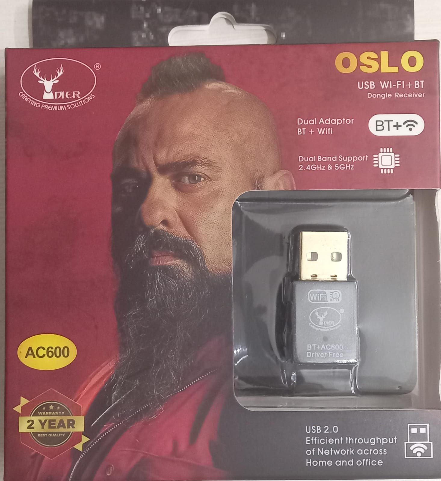 Adapter Dier Oslo AC600 USB Wi-Fi+Bluetooth Dongle | 2.4GHz & 5GHz Dual Band Support, 150Mbps Transmission Speed, Plug & Play, Black