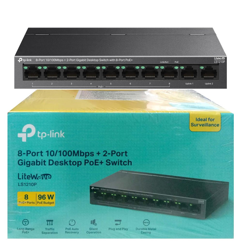 Switch TP-Link LS1210P | 8-Port 10/ 100Mbps + 2-Port Gigabit Desktop Switch With 8-Port PoE+, 96W PoE Budget, Long-Range PoE +, Traffic Separation, PoE Auto Recovery, Silent Operation, Durable Metal Casing, Wall Mounting, Plug & Play, Black