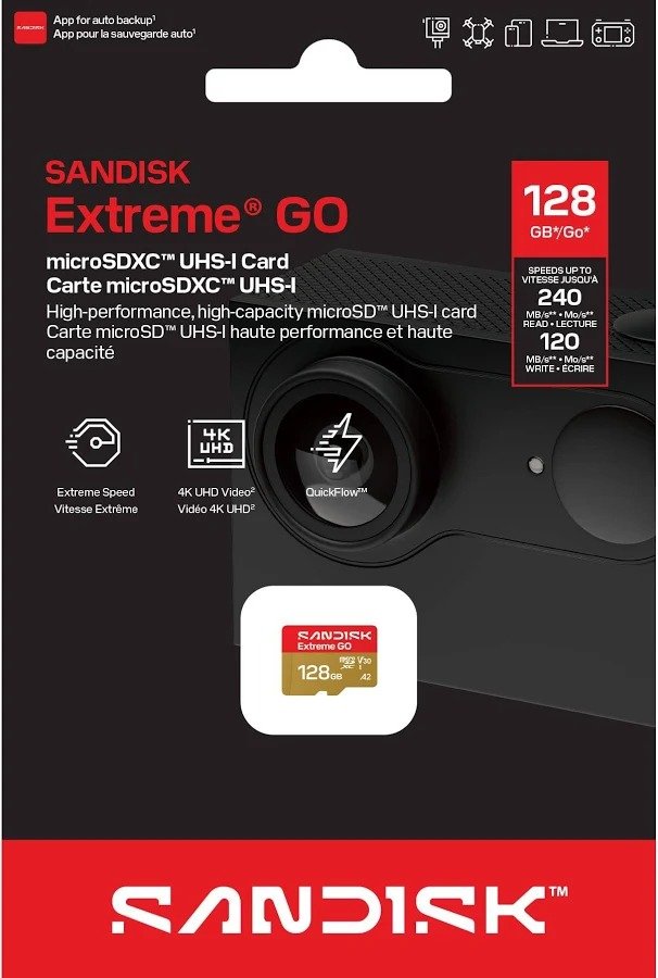 Card SANDISK 128GB Extreme GO microSDXC UHS-I Card, 5K & 4K UHD Video, 240MB/s Read, 120MB/s Write, A2, U3, V30, High-Speed for Android, Action Camera & Gaming
