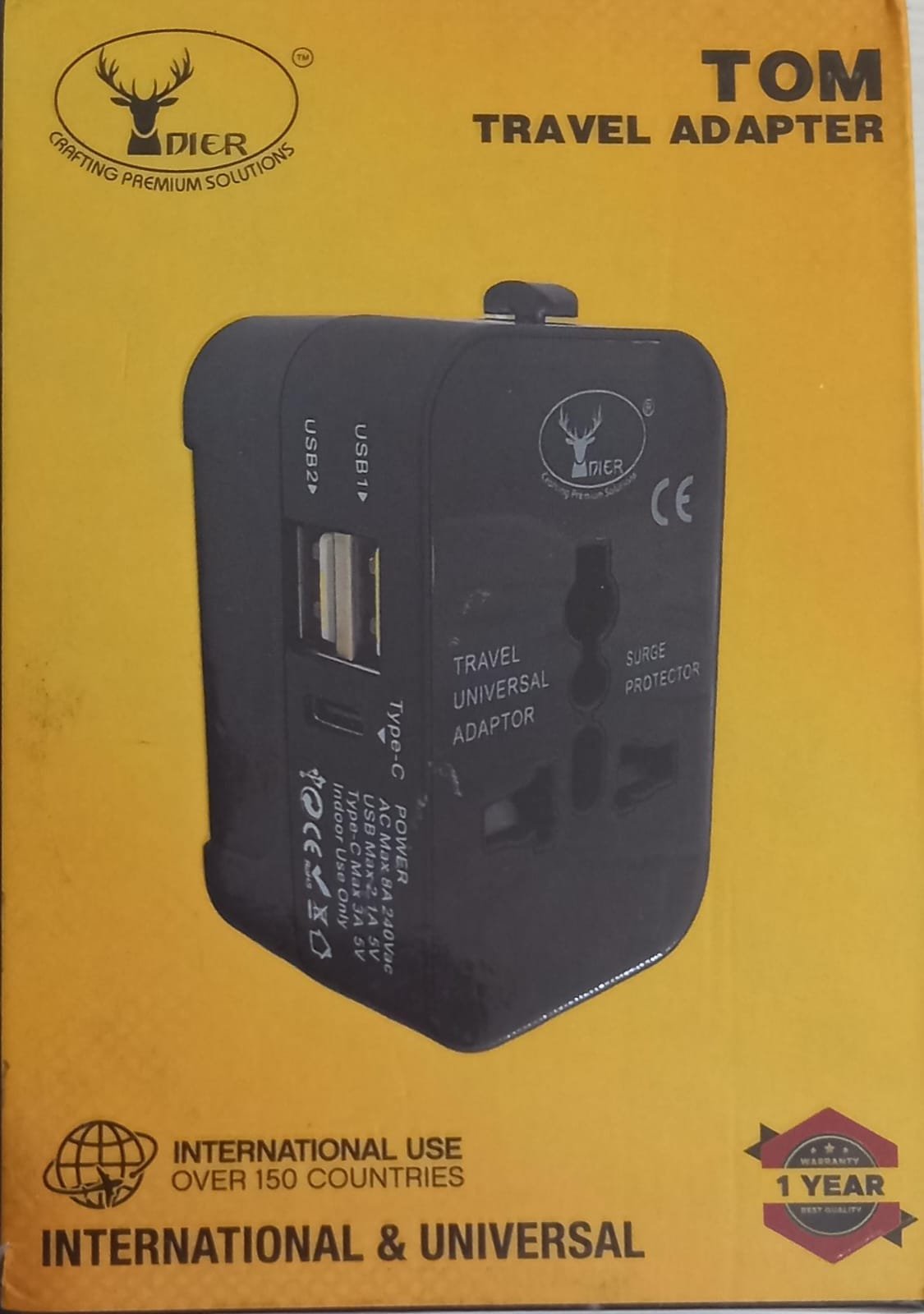 Adapter Dier Tom | Dual USB & Type-C Ports, 250V, International & Universal Travel Adaptor, Plug-In Devices Worldwide, Black