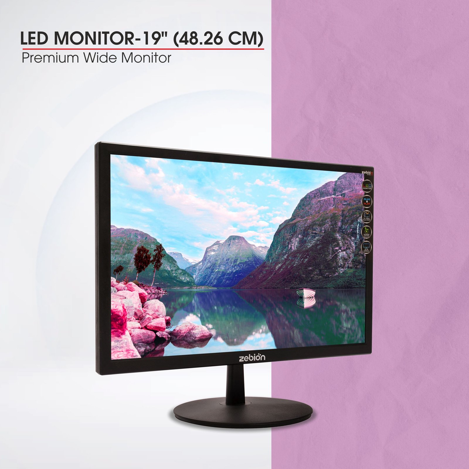 Monitor Zebion Premium wide 18.5 HD4 (48.26 Cm) Wide | Hdmi, Vga Input, 5ms Fast Response Time, Glossy Panel, Slim Design & Durable Body, Wall Mountable, Black