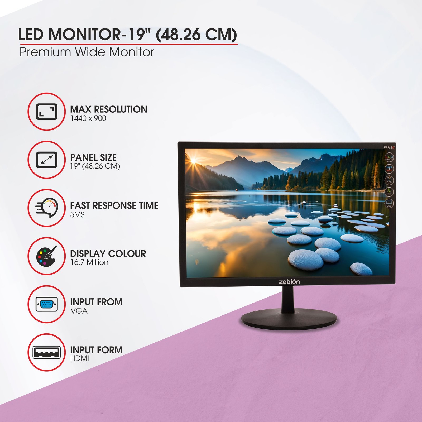 Monitor Zebion Premium wide 18.5 HD4 (48.26 Cm) Wide | Hdmi, Vga Input, 5ms Fast Response Time, Glossy Panel, Slim Design & Durable Body, Wall Mountable, Black