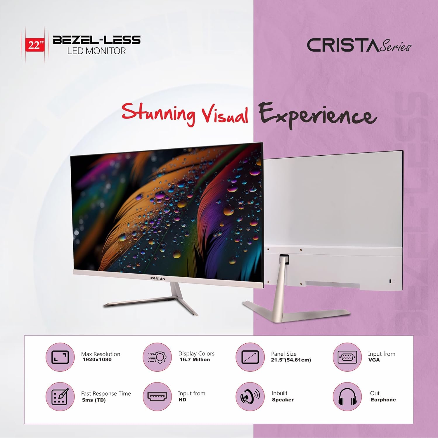 Monitor Zebion 22" HD Led Frameless (Crista Series) | IPS Panel, 1920x1080 Resolution, Bezel Less, HDMI, VGA, Wall Mountable, For Office & Home Use, White