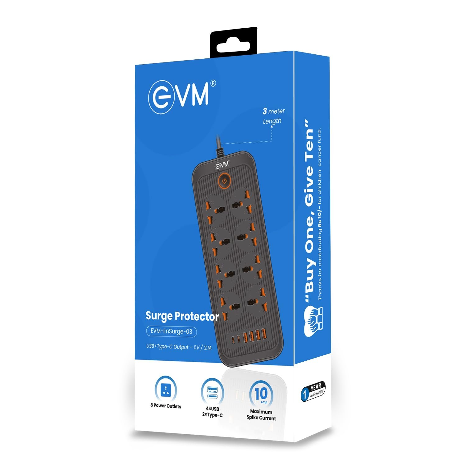 Spike Guard EVM EnSurge-03 Surge Protector 3 Mtr | 8 Power Outlets, 10 Amp Maximum Spike Current, 2500w, 2x Type C + 4 x USB Output, 5V / 2.1A, Master Push Button Switch, Wall Mountable, Overload Protection, Child Lock Shutter, LED Indicator, Black