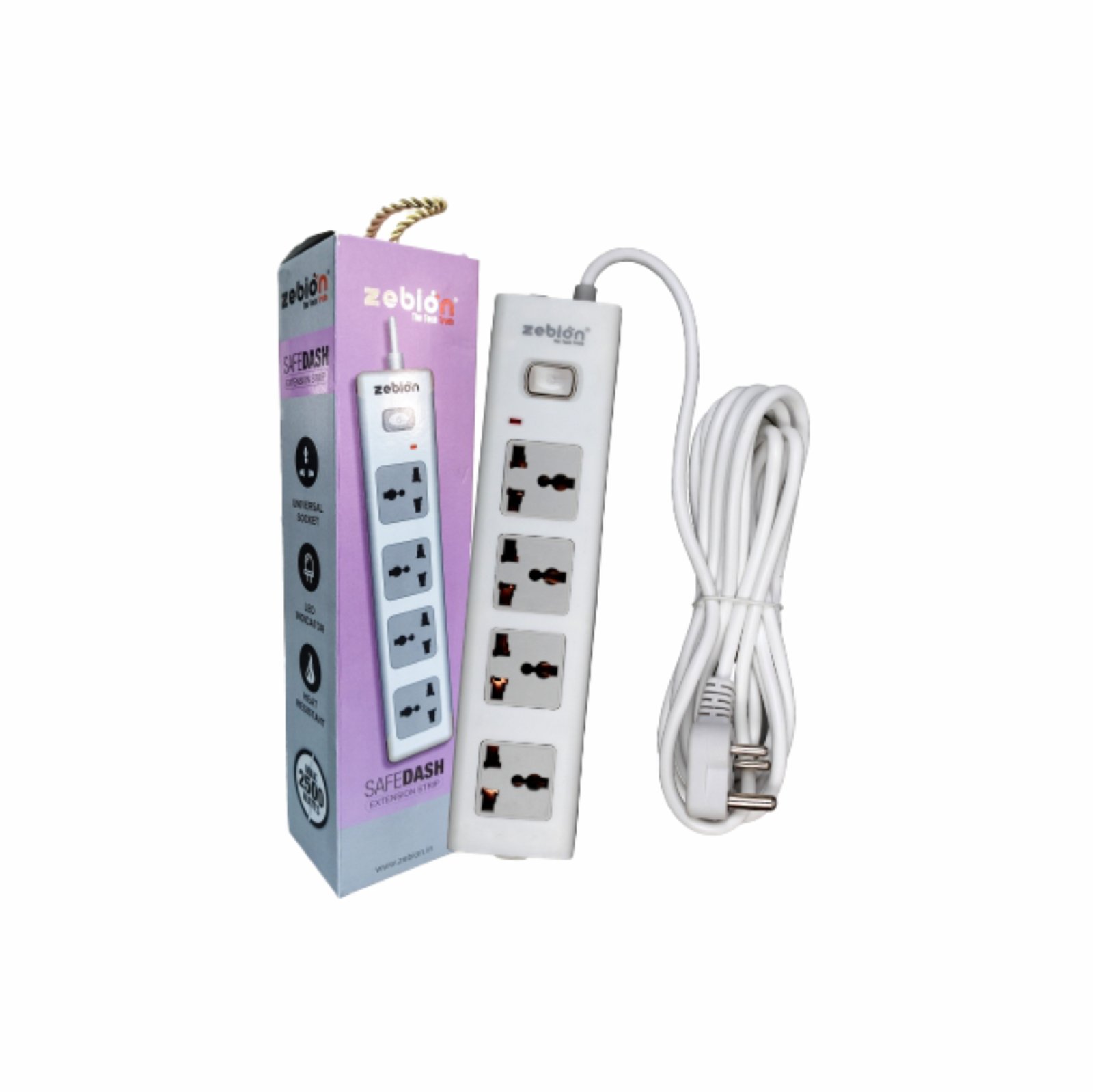 Spike Guard Zebion Pure Power Safedash 2Mtr | 4 Universal Sockets, Single Switch, LED Indicator, 15000 Amps, Built-In Fuse, Compatible With All Devices / Gadgets, White