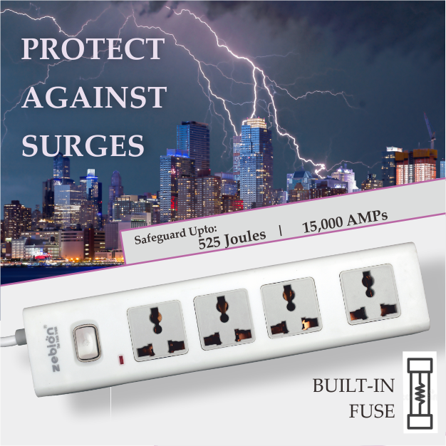 Spike Guard Zebion Pure Power Safedash 5Mtr | 4 Universal Sockets, Single Switch, LED Indicator, 15000 Amps, Built-In Fuse, Compatible With All Devices / Gadgets, White