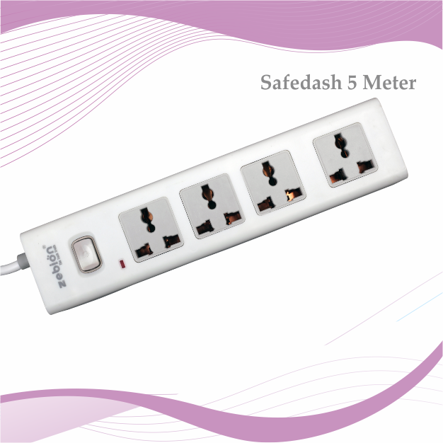 Spike Guard Zebion Pure Power Safedash 5Mtr | 4 Universal Sockets, Single Switch, LED Indicator, 15000 Amps, Built-In Fuse, Compatible With All Devices / Gadgets, White