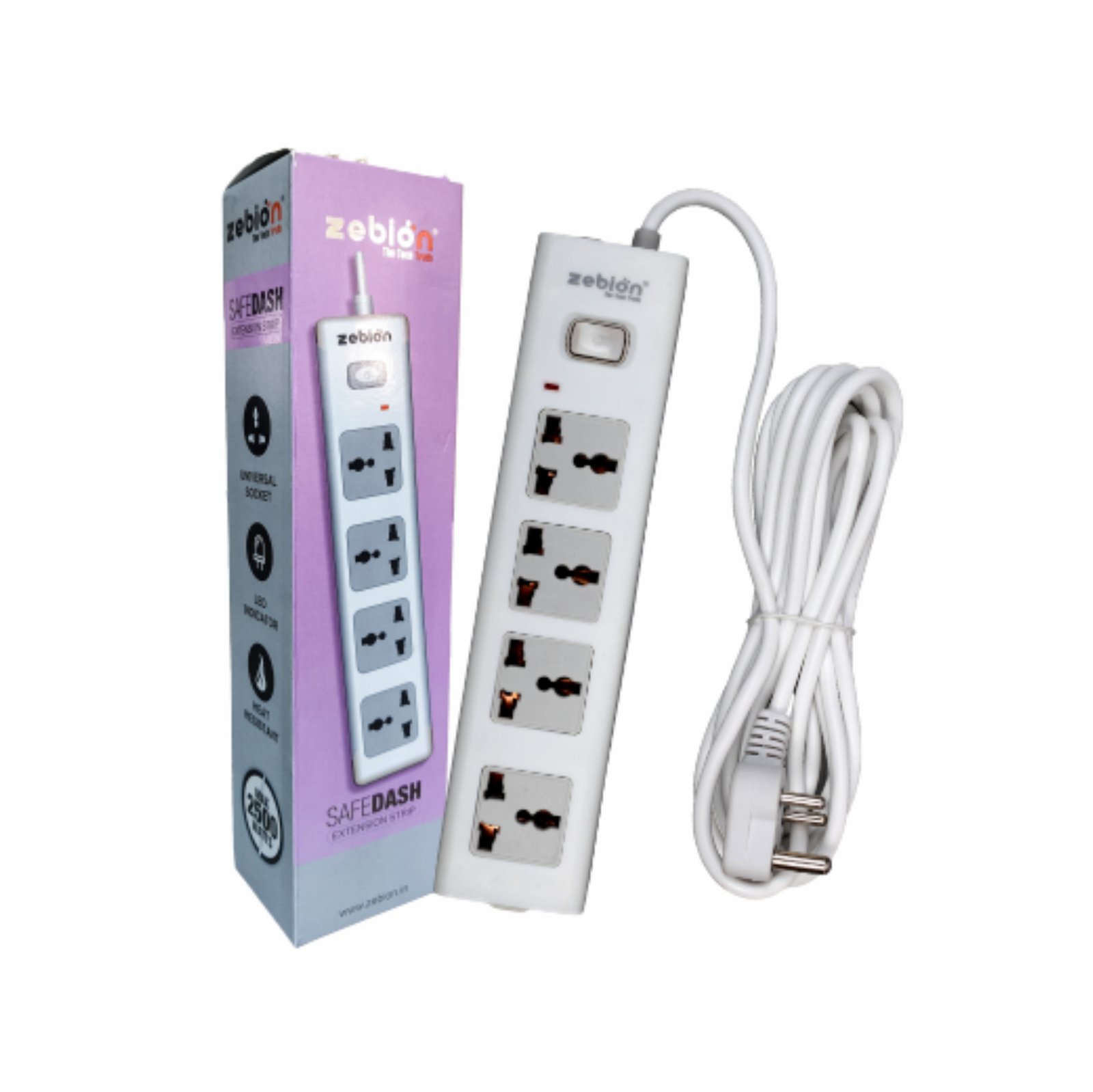 Spike Guard Zebion Pure Power Safedash 5Mtr | 4 Universal Sockets, Single Switch, LED Indicator, 15000 Amps, Built-In Fuse, Compatible With All Devices / Gadgets, White