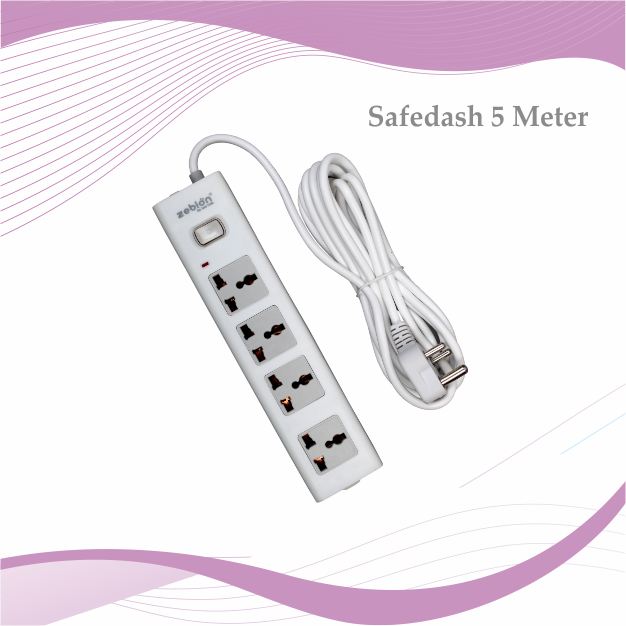 Spike Guard Zebion Pure Power Safedash 5Mtr | 4 Universal Sockets, Single Switch, LED Indicator, 15000 Amps, Built-In Fuse, Compatible With All Devices / Gadgets, White