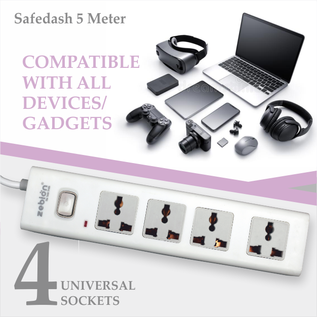 Spike Guard Zebion Pure Power Safedash 5Mtr | 4 Universal Sockets, Single Switch, LED Indicator, 15000 Amps, Built-In Fuse, Compatible With All Devices / Gadgets, White