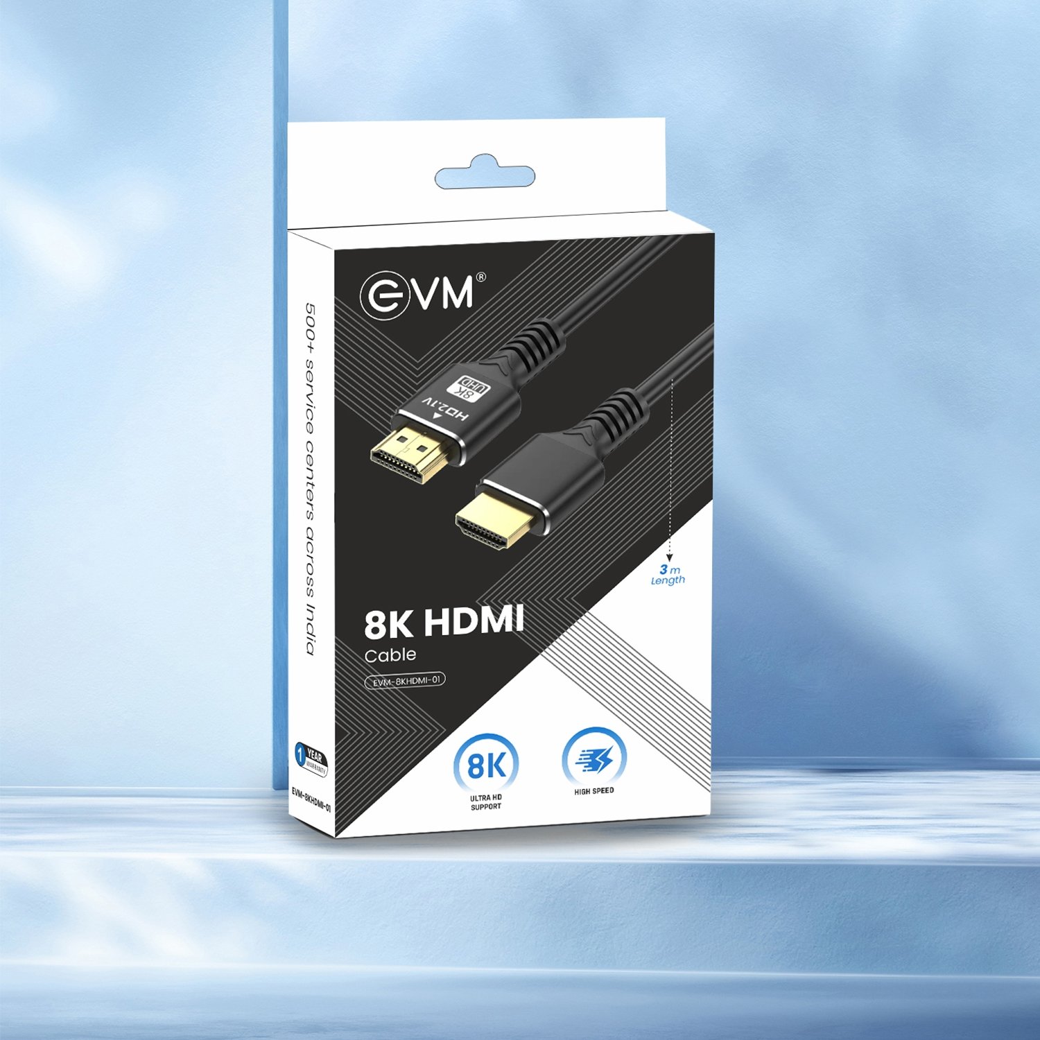 Cable EVM 3 Meter 8K HDMI Male To HDMI Male EVM-8KHDMI-01 | High Speed HDMI 8K Cable, 24K Gold coloured connectors, Supports 3D, Heat Resistant, Tough & Tensile, Tangle Free, Compatible with Multiple Devices, Black