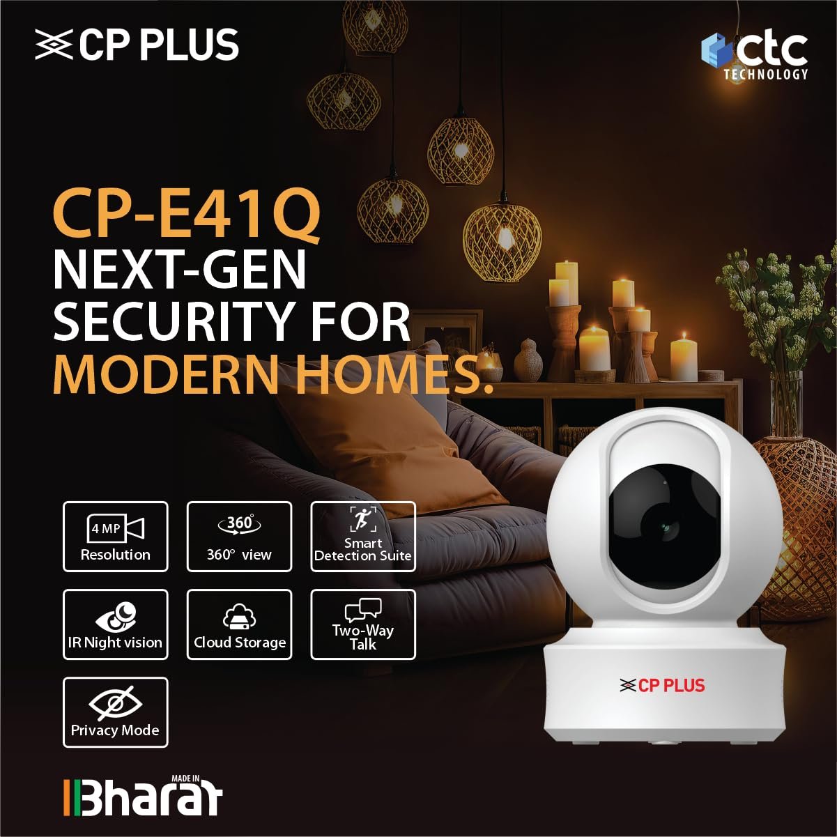 Security Camera CP Plus EzyKam CP-E41Q | 4MP Wi-Fi PT Camera, IR Distance of 15 Mtr, 4mm Lens, Motion Detection Support, Built-in Mic, Works with Alexa & Google Home, Support Micro SD Card Upto 256GB, White