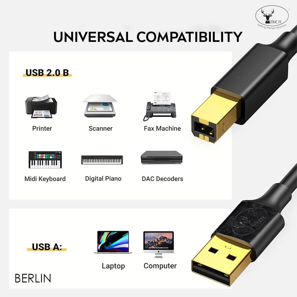 Cable Dier Berlin USB 2.0 10mtr, Gold Plated Connectors, High Speed Printer Cable A to B Type, Fully Compatible with all USB B Port Scanner or Printer, 1 Year Warranty, Black