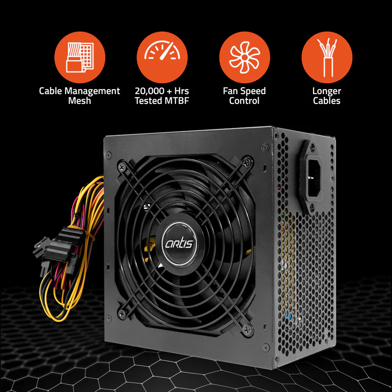 Power Supply Smps Artis VIP 450R 12 Pro | 450W 120mm Smart Temperature Control Fan, Supports The Latest ATX 12V Intel & AMD Platforms, Hi-Pot Tested, Power Cord Included, Black
