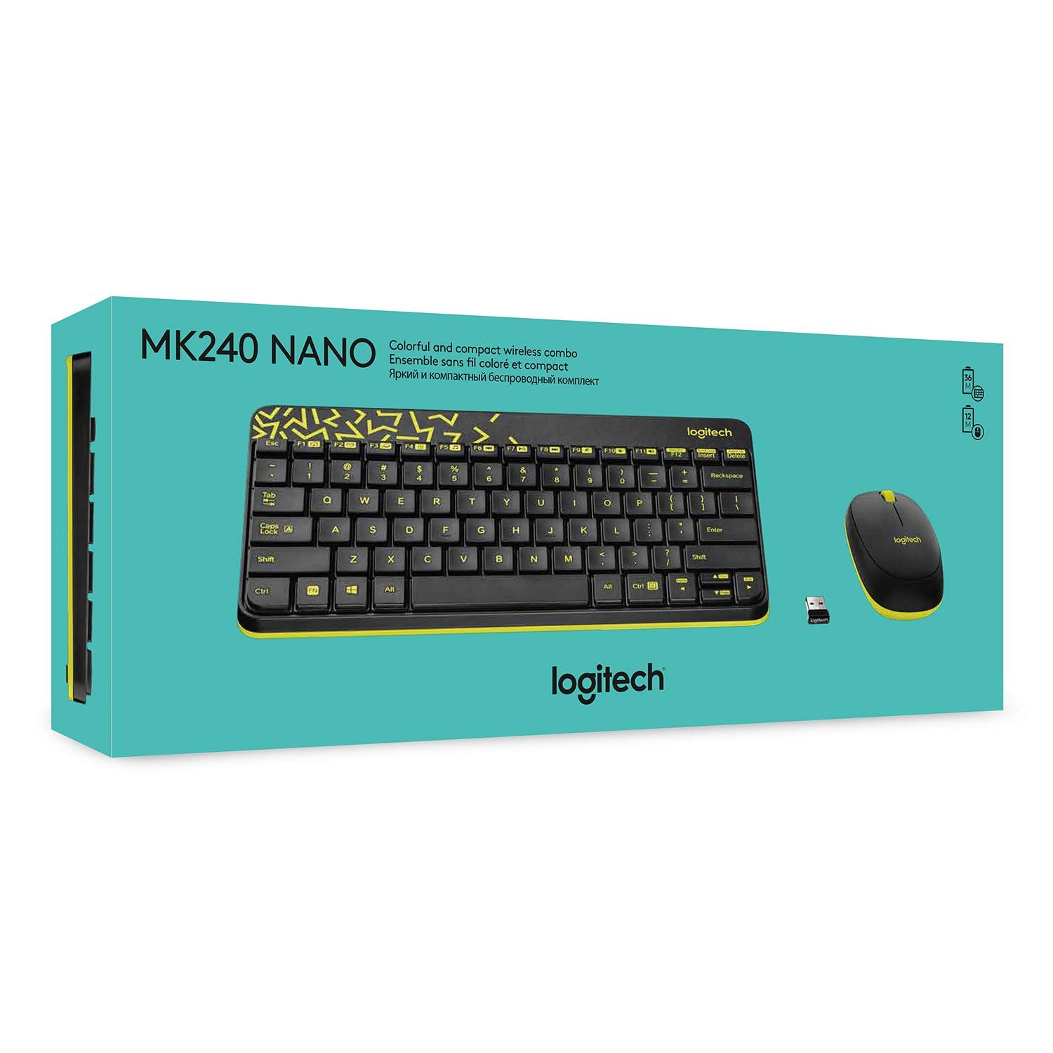 Keyboard Logitech Wireless Combo MK-240 | Nano Wireless USB Keyboard and Mouse Set, 12 Function Keys 2.4GHz Wireless, 1000DPI, Spill-Resistant Design, PC/Mac, Black/Chartreuse Yellow