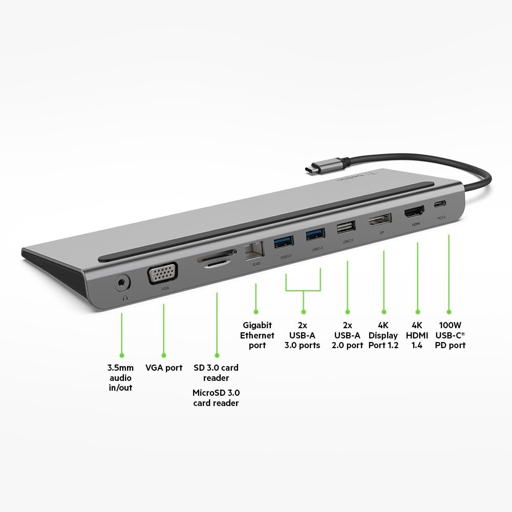 Hub Belkin USB C Type | 11-in-1 MultiPort Adapter Dock with 4K HDMI, DP, VGA, USB-C 100W PD Pass-Through Charging, 3 USB A, Gigabit Ethernet, SD, MicroSD, 3.5mm Ports for MacBook Pro, Air, XPS and More