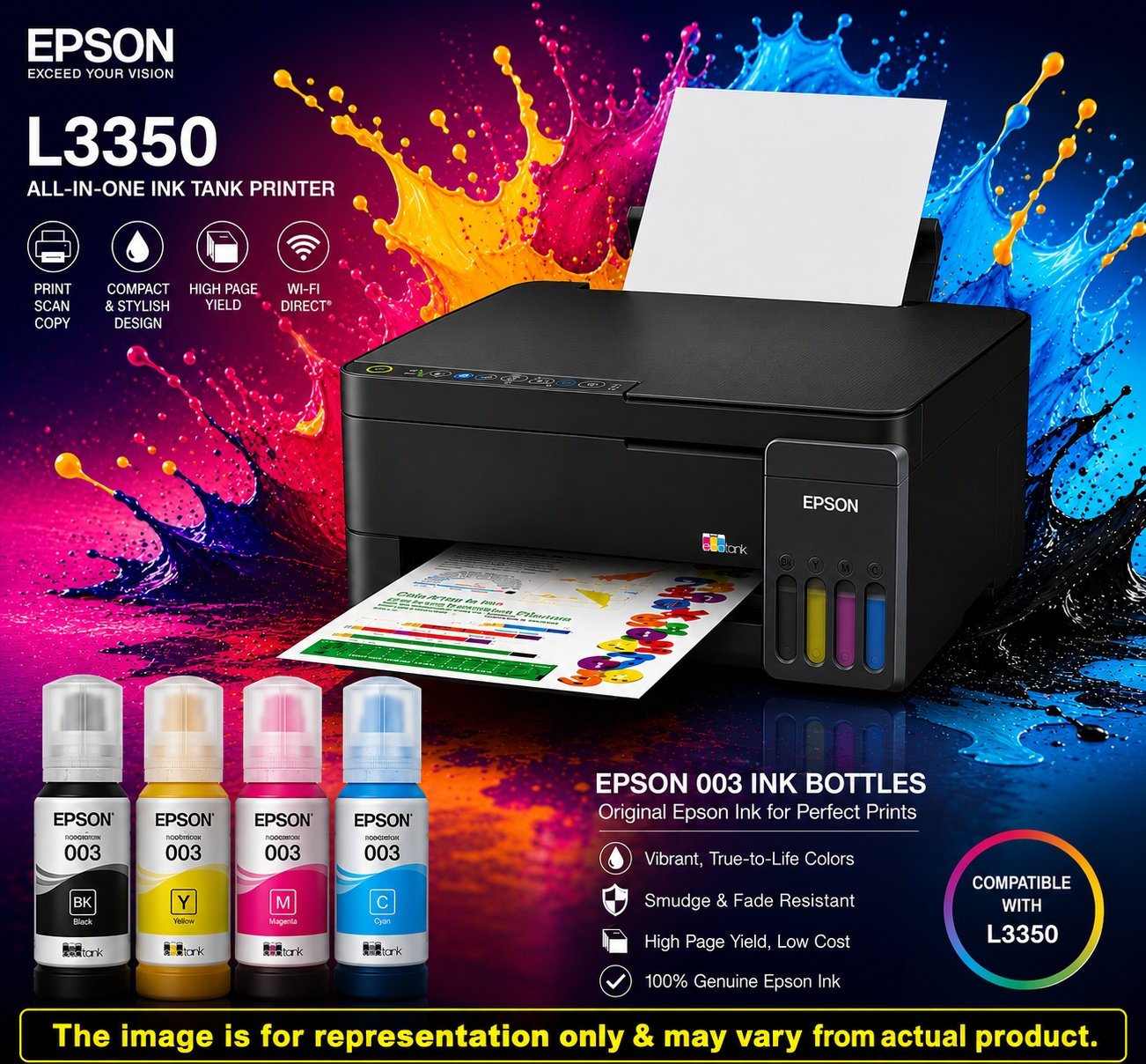 Printer Epson EcoTank L3350 A4 Wi-Fi All-in-One Ink Tank Printer | Compact Integrated Tank Design, Print, Scan, Copy, Black