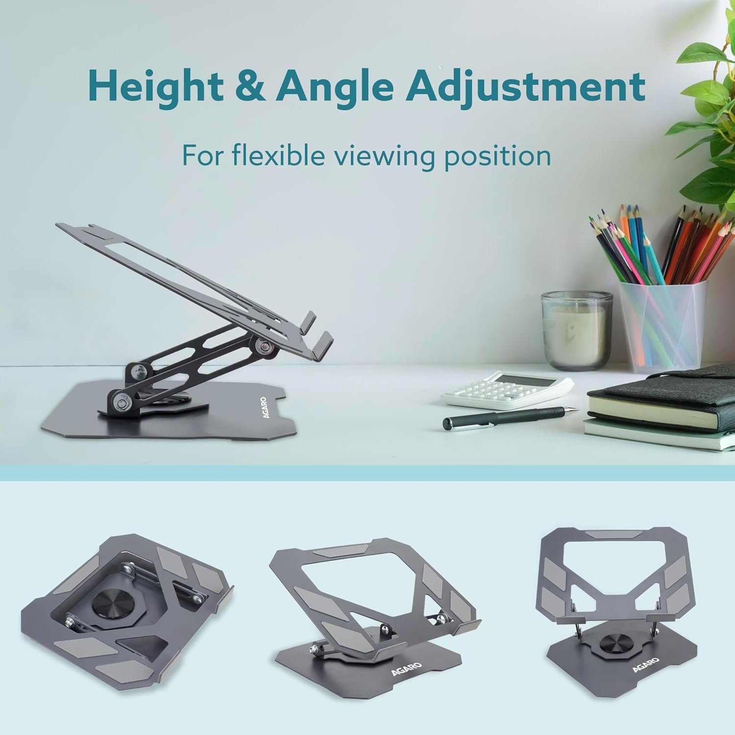 Laptop Stand Metal 25 x 21.5cm P70 360° Rotating, Ergonomic, Height & Angle Adjustmentable, Foldable Laptop Holder with Heat Vents & Anti-Slip Silicone Pads, Compatible To Macbook, HP, Lenovo Laptops, Silver