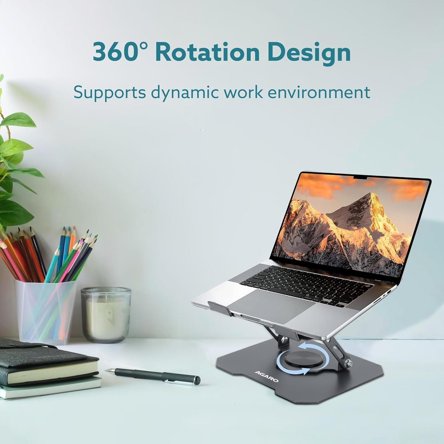 Laptop Stand Metal 25 x 21.5cm P70 360° Rotating, Ergonomic, Height & Angle Adjustmentable, Foldable Laptop Holder with Heat Vents & Anti-Slip Silicone Pads, Compatible To Macbook, HP, Lenovo Laptops, Silver