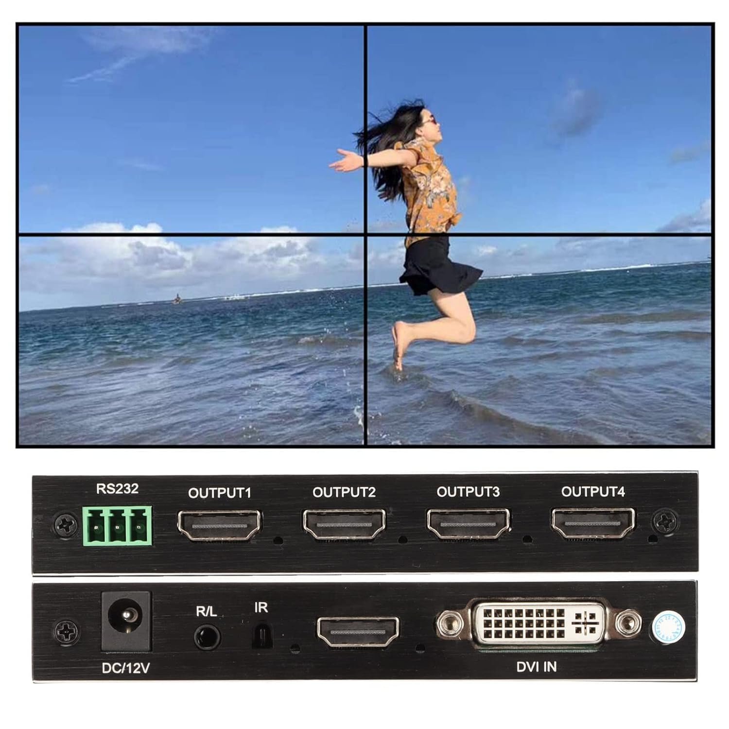 HDMI Video Wall Controller 2 X 2 HDMI & DVI input, Support 4 hdmi output, TV Wall Controller 1080P Output TV Wall Processor, IR Remote & RS232 Control, 180 Degree Rotate, 1x2, 1x3, 1x4, 2x1, 3x1, 4x1 Video Wall, With Adapter, Black