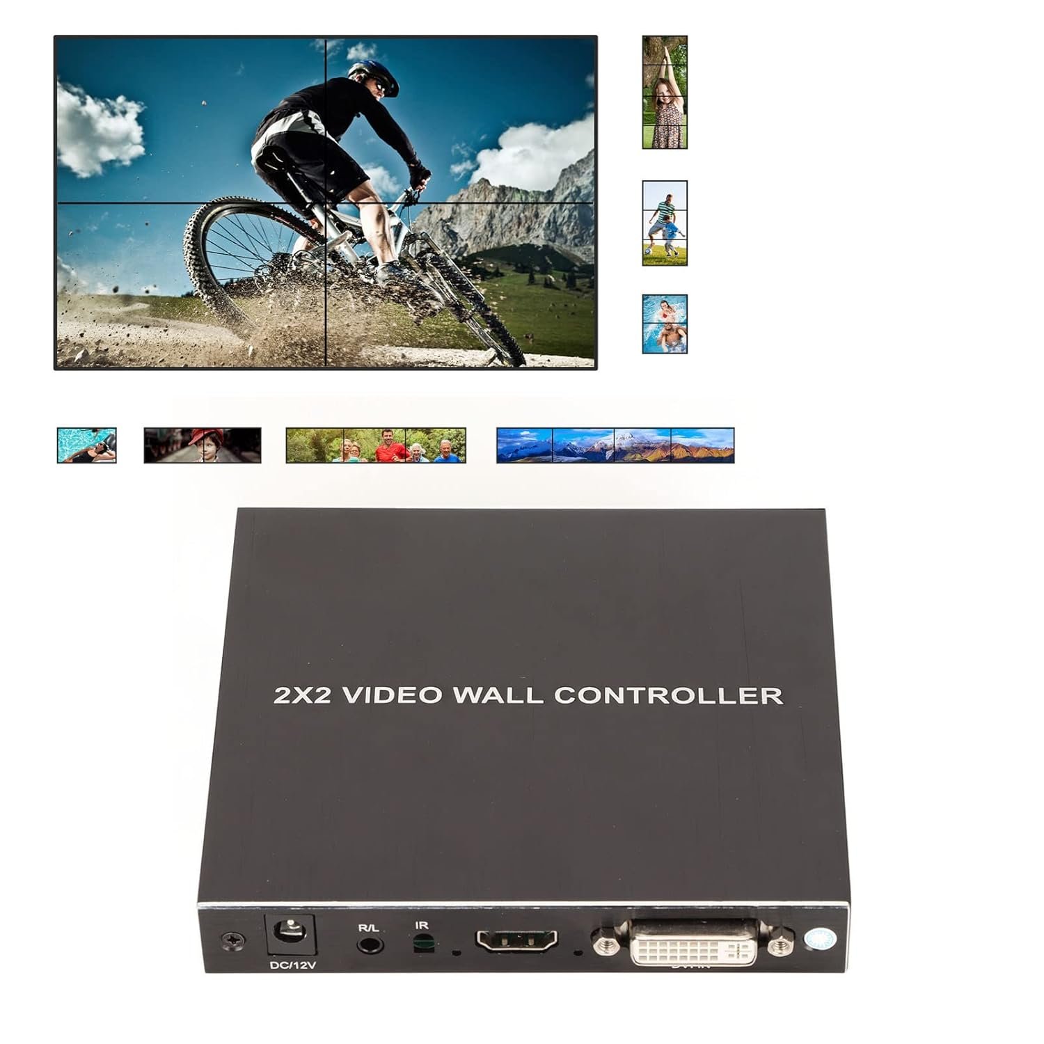 HDMI Video Wall Controller 2 X 2 HDMI & DVI input, Support 4 hdmi output, TV Wall Controller 1080P Output TV Wall Processor, IR Remote & RS232 Control, 180 Degree Rotate, 1x2, 1x3, 1x4, 2x1, 3x1, 4x1 Video Wall, With Adapter, Black