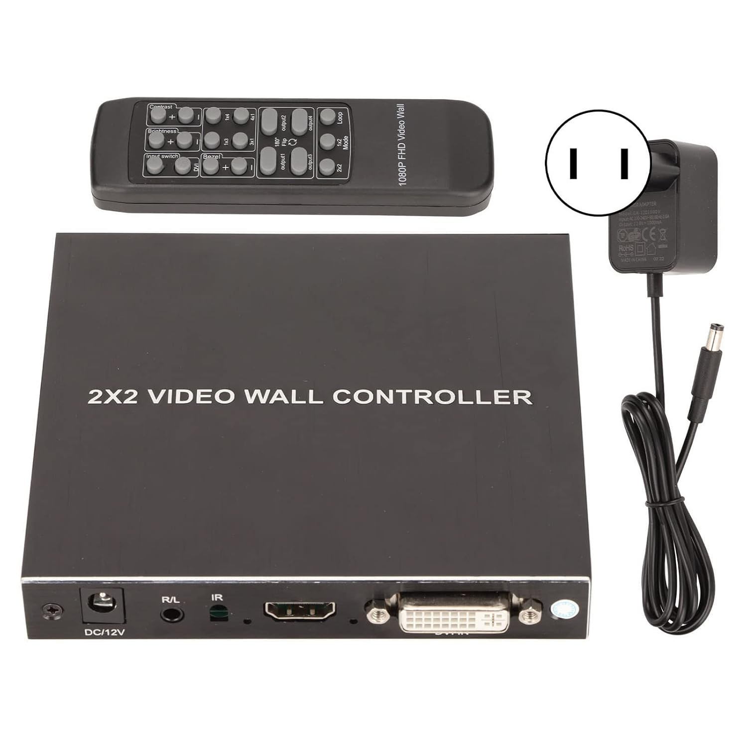 HDMI Video Wall Controller 2 X 2 HDMI & DVI input, Support 4 hdmi output, TV Wall Controller 1080P Output TV Wall Processor, IR Remote & RS232 Control, 180 Degree Rotate, 1x2, 1x3, 1x4, 2x1, 3x1, 4x1 Video Wall, With Adapter, Black
