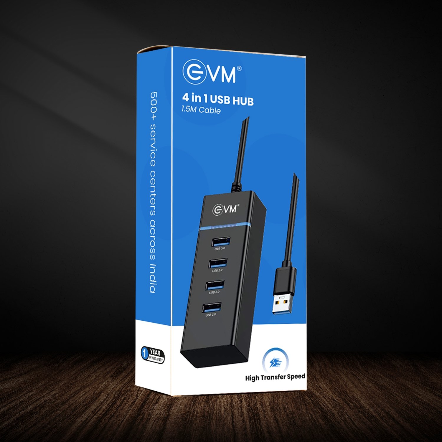 Hub EVM USB 4-in-1 EVMDH4P-02 With 1.5M Cable | 5GBPS Transfer Speed, 1 x USB 3.0, 3 x USB 2.0 Port, Black