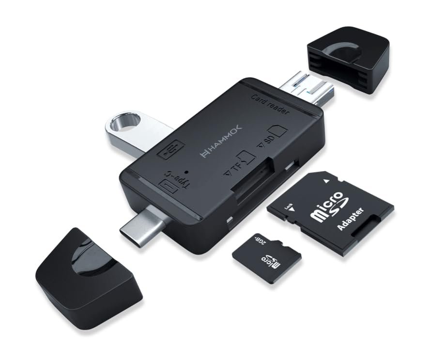 Card Reader Hammok Milli Portable 6 in 1 Card Reader 2.0 | Supports SDXC/SDHC/SD/MMC RSMMC/Micro SDXC SD SDHC/UHS-I, Micro USB 2.0 Type C to SD TF OTG Smart Memory Flash Drive SD, For Phone, Camera, PC, Laptop, Black