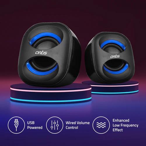Speaker Artis Mini Black + Blue Usb Multimedia 2.0mm With Wired Volume Control, Enhanced Low Frequency Effect