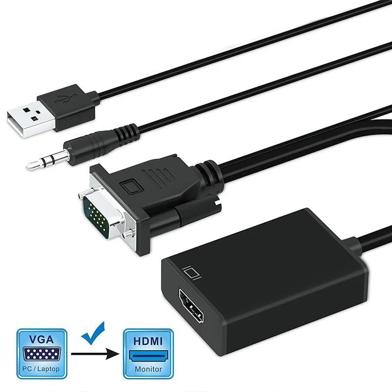 Converter Hammok Simon VGA To HDMI | Adapter Cable 15 Pin Male To Female Full HD 1080P with Audio & Micro USB Power, Black
