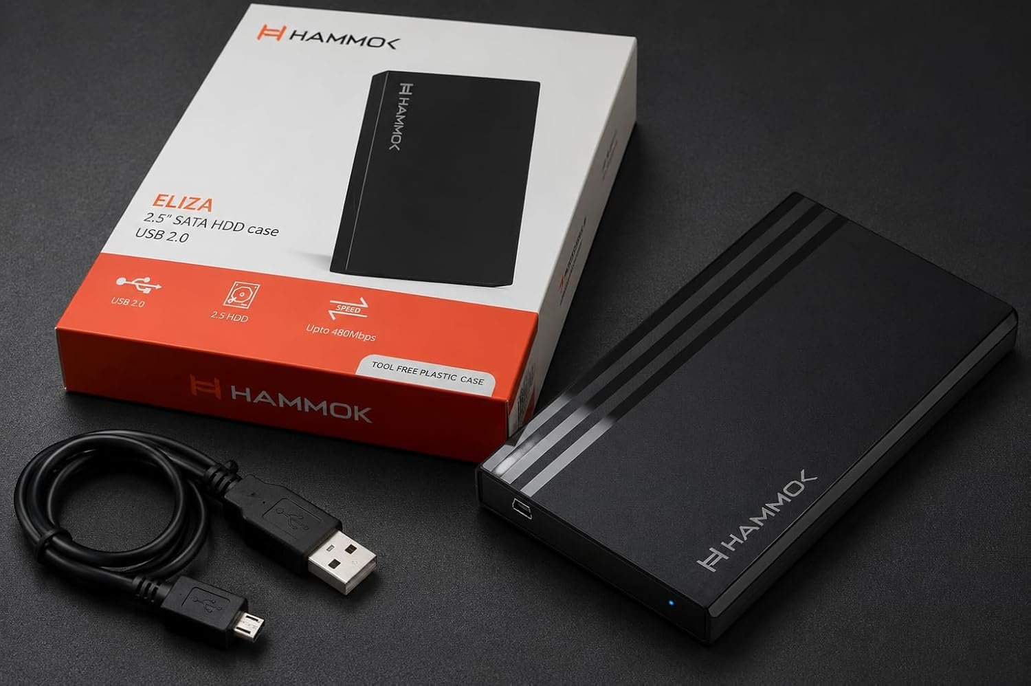 Casing Hammok Eliza 2.5" Sata HDD USB 2.0 Enclosure | 480Mbps High Speed Data Transfer, Supports Upto 2TB, Driverless Screwless Super Slim Design, Black