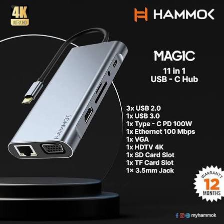 Hub Hammok Magic 11-in-1 USB Type C Hub | High Speed Transmission Upto 10Gbps, 4K HDMI, VGA, RJ45, AUX, SD, TF, PD, Support Windows, Mac OS, Silver