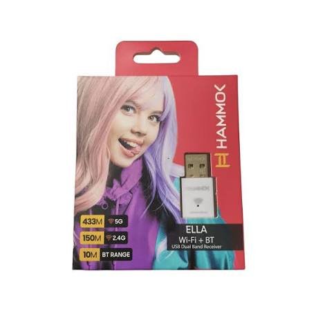 USB Dongle Hammok Ella Wi-Fi + BT 4.2 USB Dual Band Receiver | 600Mbps, 5Ghz, 10m Frequency Range, Plug & Play, Black