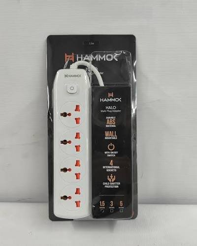 Spike Guard Hammok Halo 4+1 Multi Plug Adapter 3Mtr | 220-250V 50Hz, 2000W, 4 International Sockets, Wall Mountable, With ON/OFF Switch, White