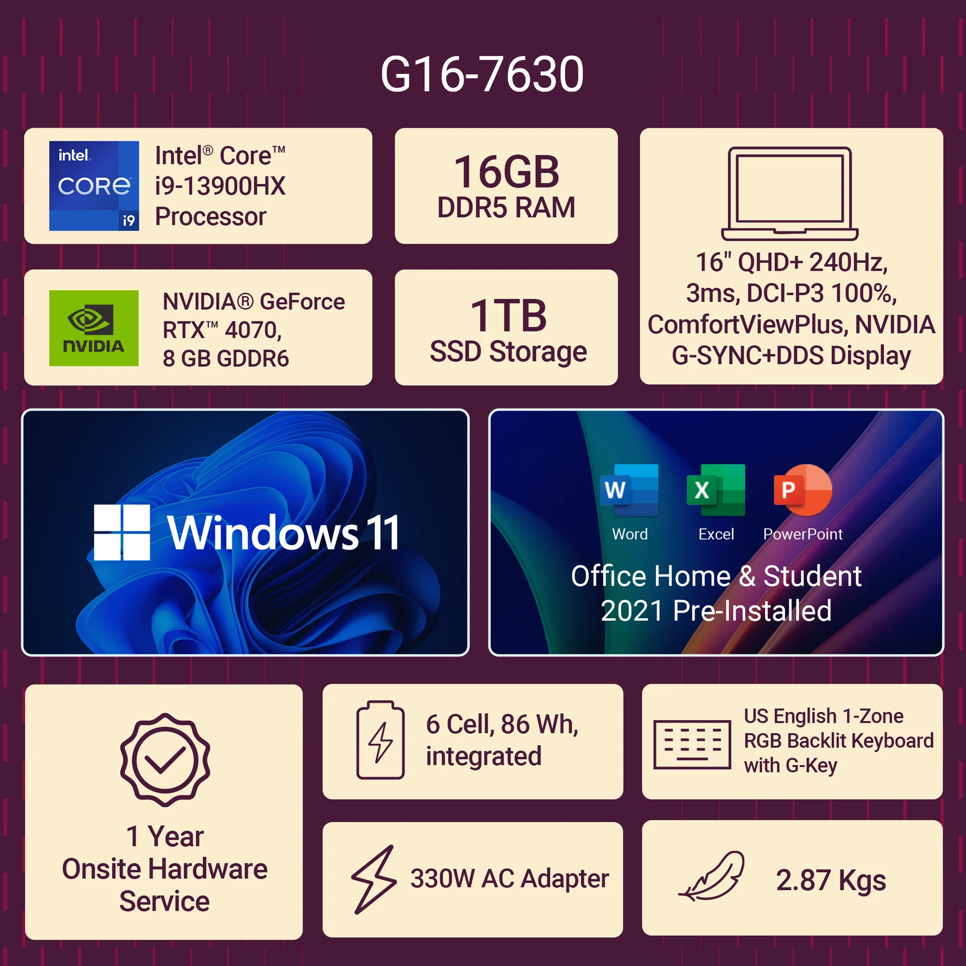 Laptop Dell G16 7630 Gaming OGN7630856P01RIN | Intel Core i9-13900HX, 16GB DDR5, 1TB NVMe SSD, RTX 4070 8GB, 16" QHD+ 240Hz Display, Windows 11 + MS Office, RGB Backlit Keyboard, Metallic Nightshade, Gaming Bag