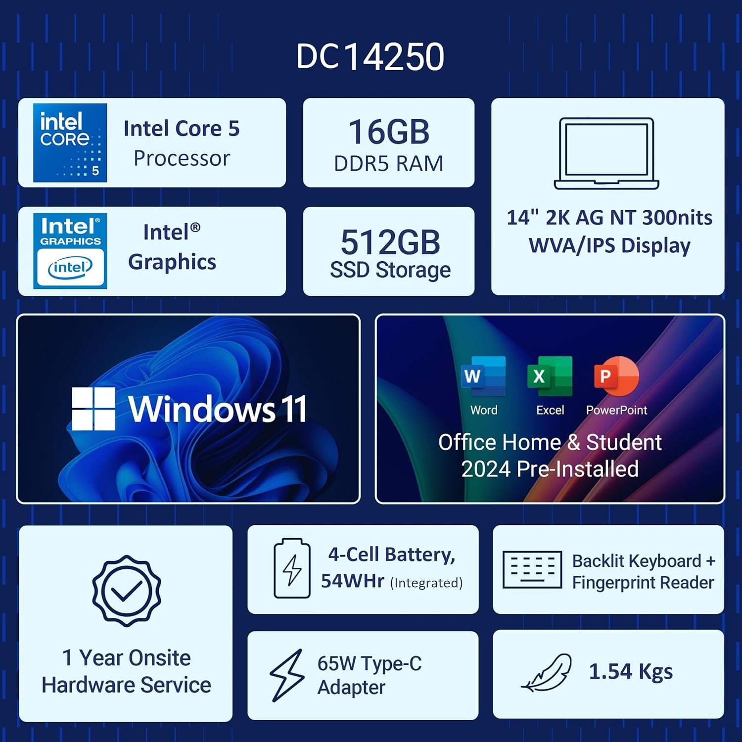 Laptop Dell 14 DC14250 | 14″ FHD+ anti-glare WVA display (300 nits) with ComfortView. Intel Core 5 120U, 16GB DDR5 RAM, 512GB NVMe SSD. Win 11, Office H&S 2024, M365, backlit keyboard, FPR, backpack, Silver, 1.54Kg Thin & Light Laptop