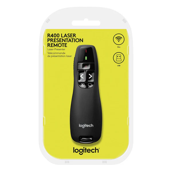 Presenter Logitech R400 | Wireless Laser Remote for Presentation, 50-foot 15-meter range, Compatible with Windows Vista, Windows 7, Windows 8, Windows 10 or later (Color: Black)