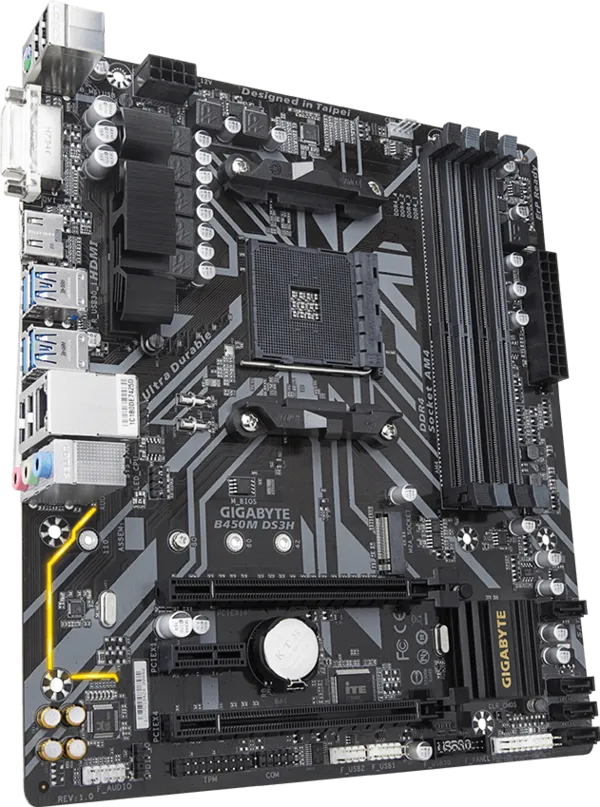 Motherboard Gigabyte AMD B450M-DS3H Ultra Durable with Realtek GbE LAN with cFosSpeed, PCIe Gen3 x4 M.2, 7-colors RGB LED Strips Support, Anti-Sulfur Resistor, CEC 2019 ready
