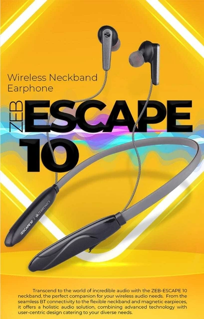 Earphone Zebronics Zeb-Escape 10 | Wireless Neckband Bluetooth Headset, Built-In rechargeable battery, Voice assistant support, Call function, 20hrs Playback Time, 1.5hrs Charging Time, Volume / media control, Grey