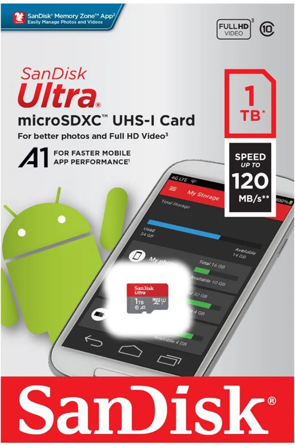 SanDisk Ultra 1TB microSDXC UHS-I Memory Card with SD Adapter | Up to 150MB/s Read | Class 10 | U1 | A1 | Full HD | SDSQUAC-1T00-GN6MN