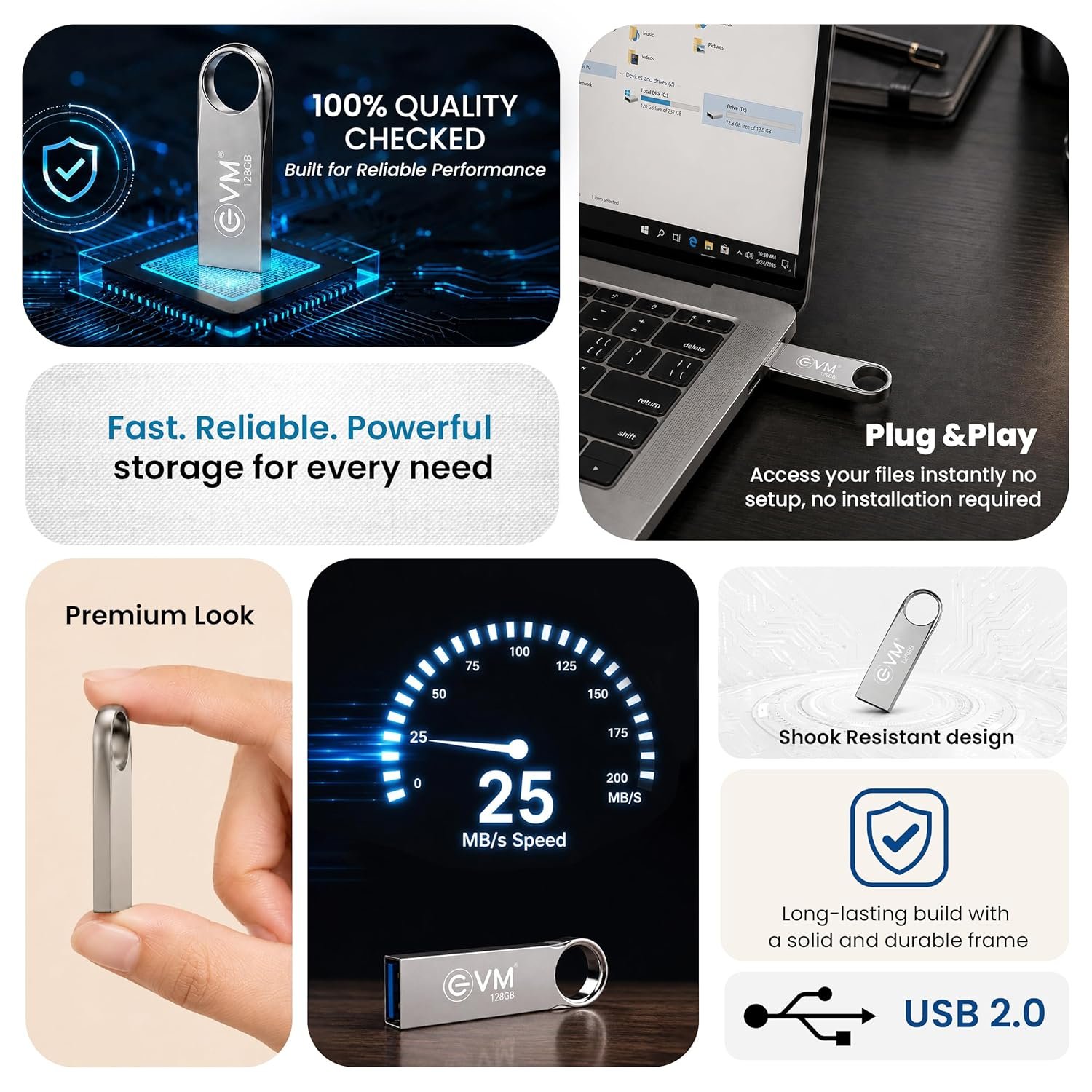 Pendrive EVM EnVault 128GB Metal USB 2.0 Flash Drive | Fast Data Transfer & Reliable Storage Solution, High Performance with up to 25MB/s Read, Durable Metallic Black Casing, Silver