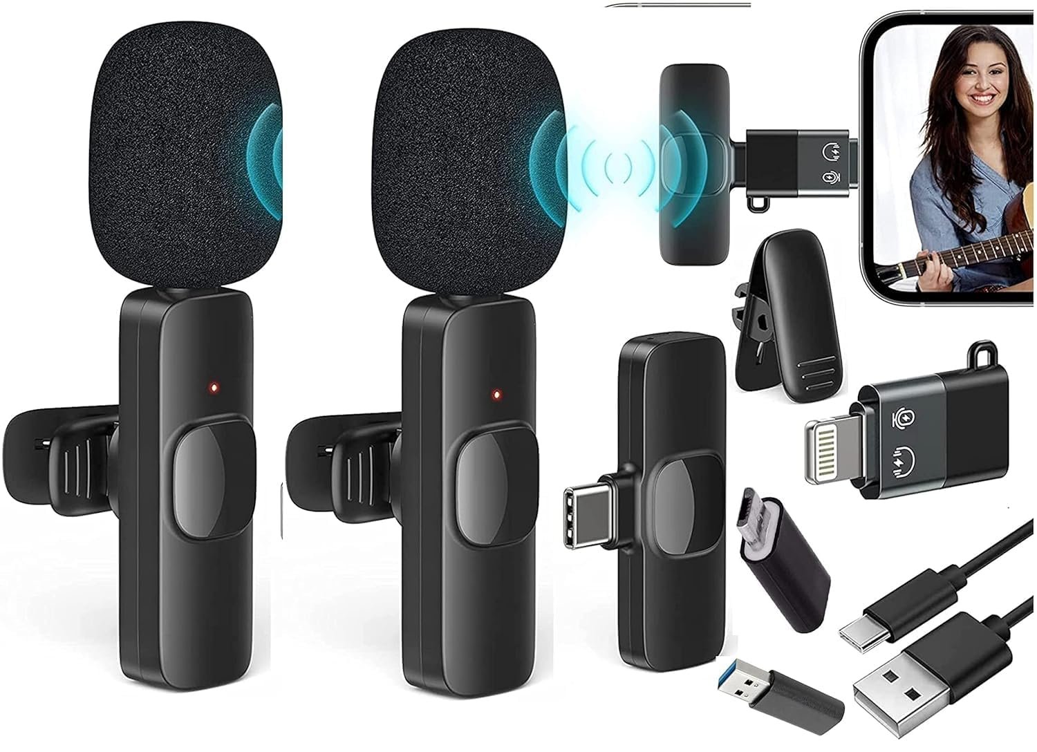 Dual Wireless Microphone K9 | Digital Mini Portable Recording Clip Mic with Receiver for All iOS, Lighting Mobile Phones Camera Laptop For Vlogging, YouTube, Online Class, Zoom Call, Black