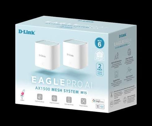 Router D-Link M15 AI Powered Mesh Router | WiFi 6 Speed 1500 Mbps, Pack of 2 - Covers Upto 4000 Sq. Ft., Dual Band with Gigabit Port, Seamless Whole Home, MTCTE Certified, White