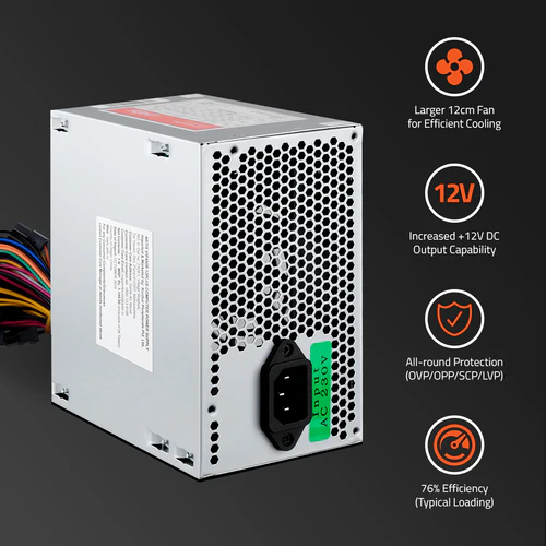 Power Supply Smps Artis VIP 400R 12Plus AR-VIP400R 12 Plus OEM | 400W, With Power Cord, Supports latest ATX 12V Intel & AMD Platforms, Colour : Matte Silver