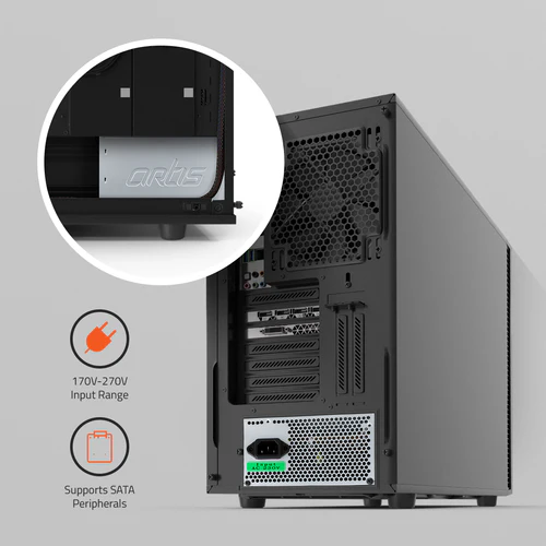 Power Supply Smps Artis VIP 400R 12Plus AR-VIP400R 12 Plus OEM | 400W, With Power Cord, Supports latest ATX 12V Intel & AMD Platforms, Colour : Matte Silver
