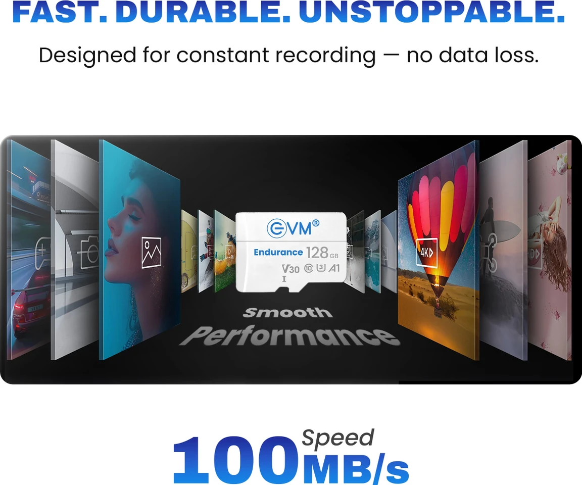 Card MicroSD EVM Endurance 128GB ENTF/128GU3 | 4K UHD Class 10 V30, Speed Upto 100MB/s, Compatible with Camera, Mobile, White