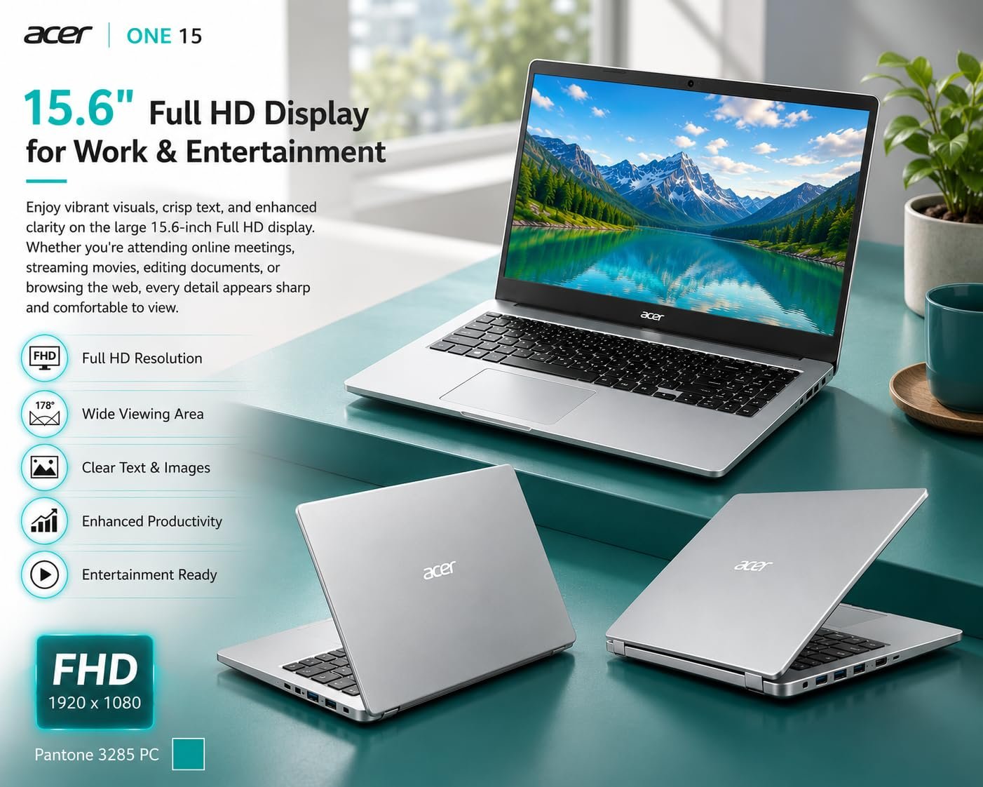 Laptop Acer Aspire One 15 AO15-41M-G2 (UN.37DSI.003) | AMD Ryzen 3-7320U Processor, 8GB LPDDR5 RAM, 256GB NVMe SSD, Windows 11 Home, 15.6" Full HD IPS Anti-Glare Display, AMD Radeon Graphics, Thin & Light, No Bag, 1.8 kg, Silver
