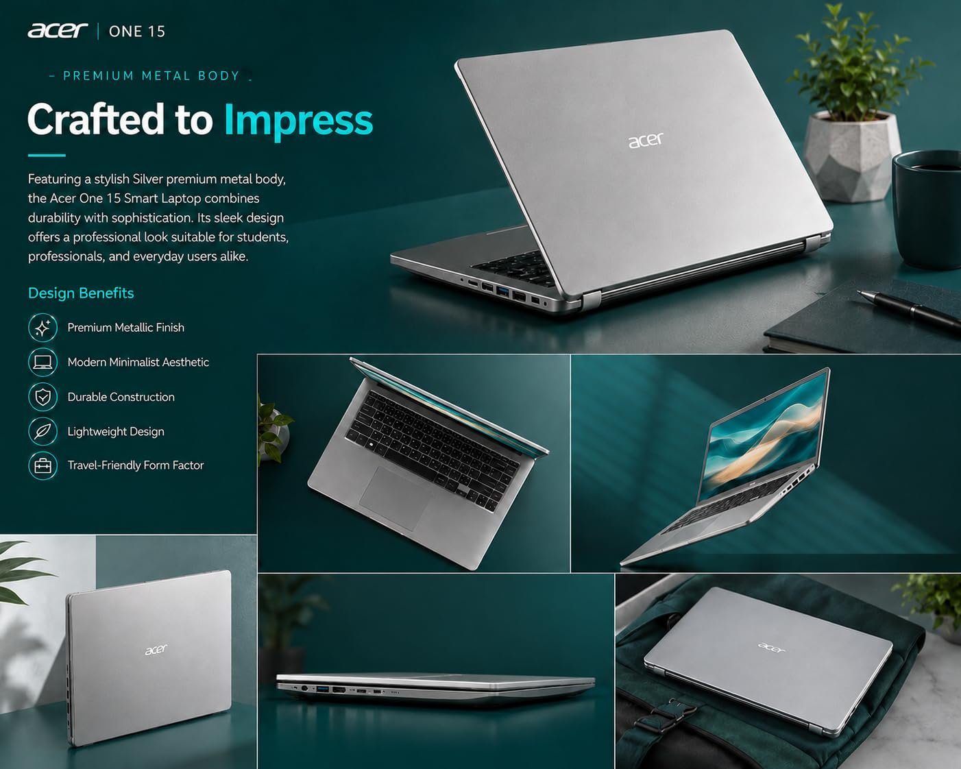 Laptop Acer Aspire One 15 AO15-41M-G2 (UN.37DSI.003) | AMD Ryzen 3-7320U Processor, 8GB LPDDR5 RAM, 256GB NVMe SSD, Windows 11 Home, 15.6" Full HD IPS Anti-Glare Display, AMD Radeon Graphics, Thin & Light, No Bag, 1.8 kg, Silver